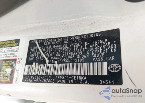 2012 Toyota Camry Le from USA, damaged, VIN 4T1BF1FK5CU112405